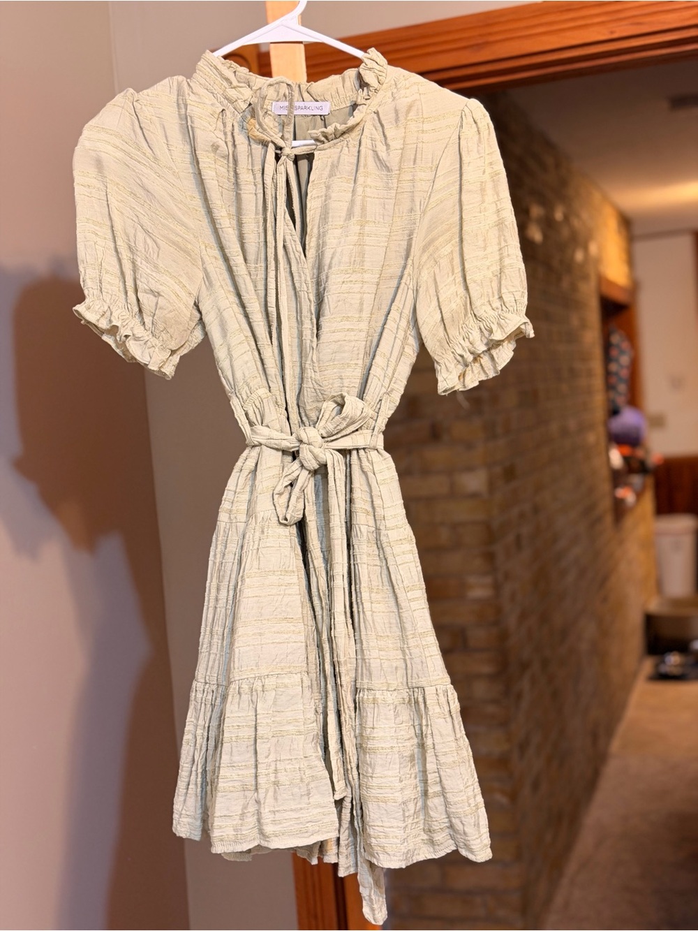 Miss Sparkling Sage Green Tiered Mini Dress Tie Neck Puff Sleeve